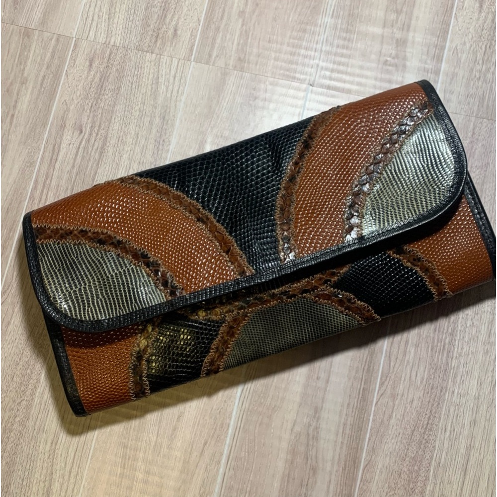 Vintage Carlos Falchi Snakeskin Clutch Purse Bag Leather Black Brown Patchwork